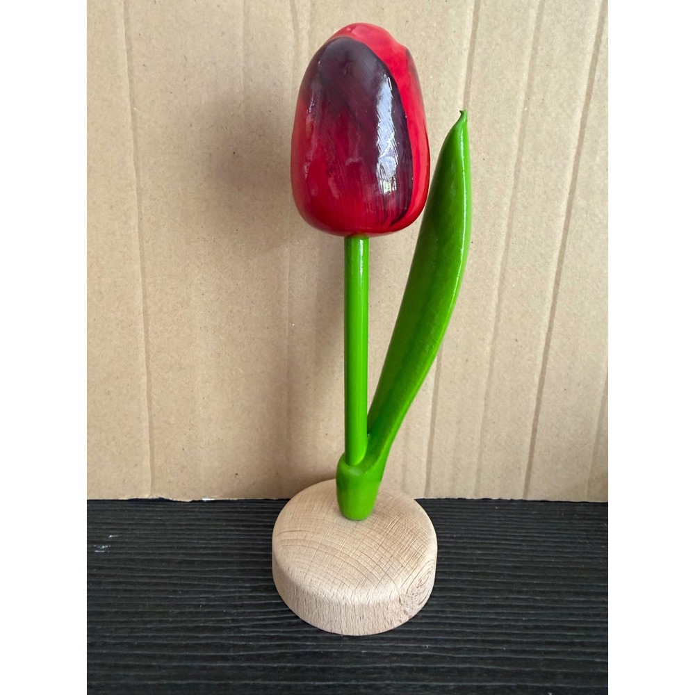 Hand Painted Wooden Tulip Figurine Red  Black Flower Decorative Wood Statue 7in